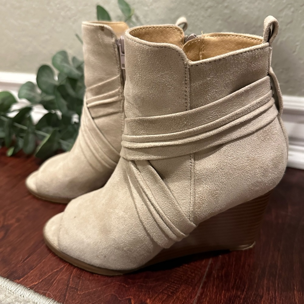 Faux Suede Peep Toe Wedge Booties Size 5-1/2